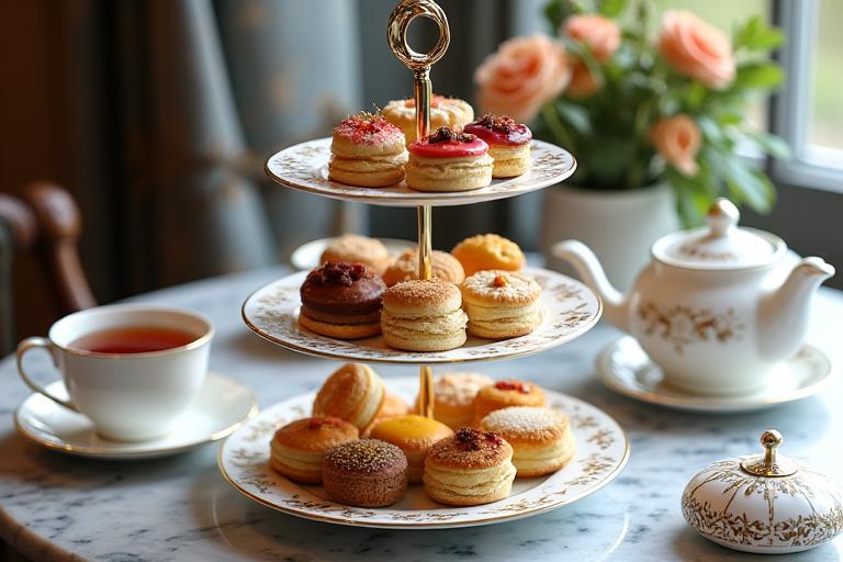 A three-tiered stand filled with exquisite spice-themed pastries and sandwiches for afternoon tea.