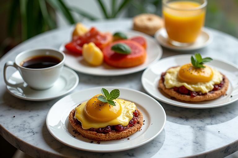 A beautifully plated artisanal breakfast with fresh fruit, eggs Benedict, and coffee.
