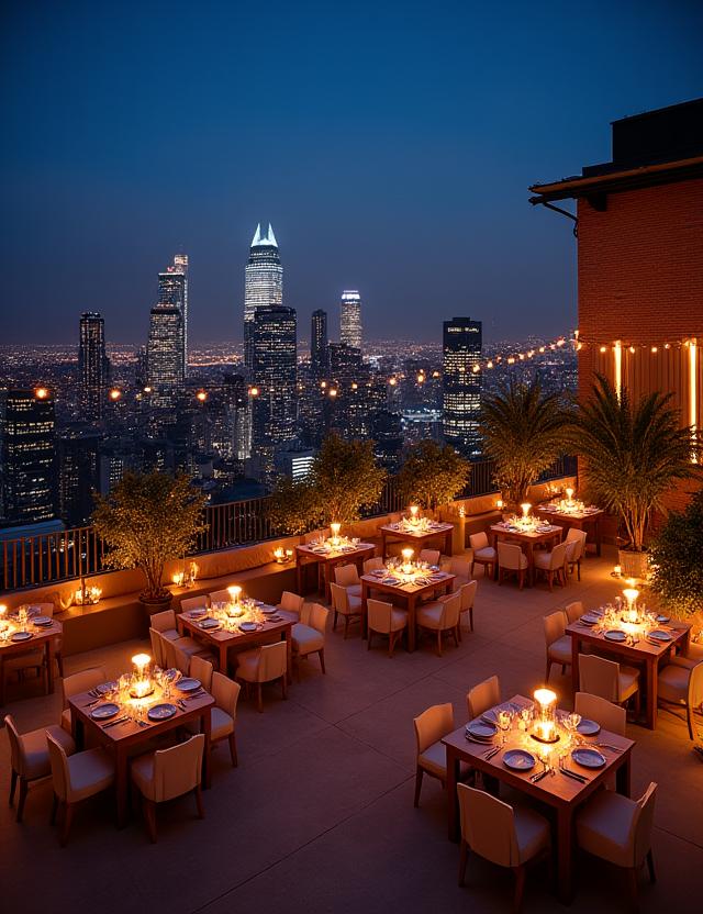 A stylish rooftop terrace setup for an evening event with city lights in the background.