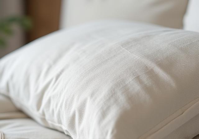 Detailed shot of natural linen bedding and hand-stitched pillows.
