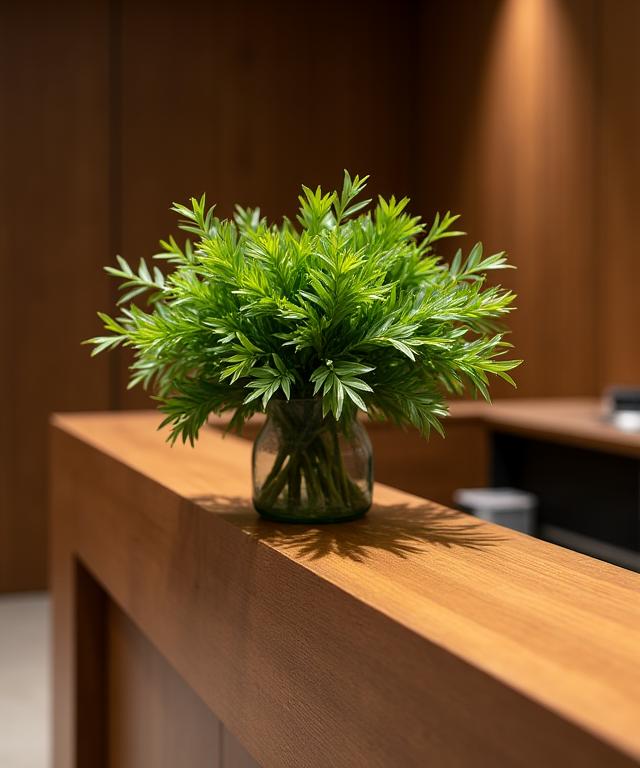 Close-up of a handcrafted wooden reception desk with a vase of fresh lemongrass.