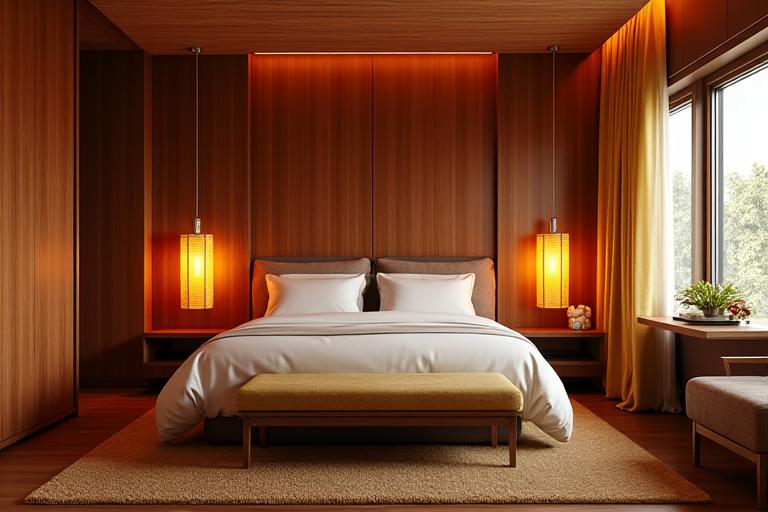 Cozy Galangal Chamber with warm lighting and rich wooden accents.