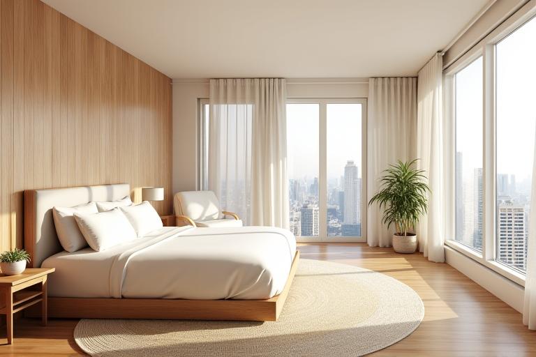 Bright, airy Ginger Lily Suite with a king-sized bed and city view.